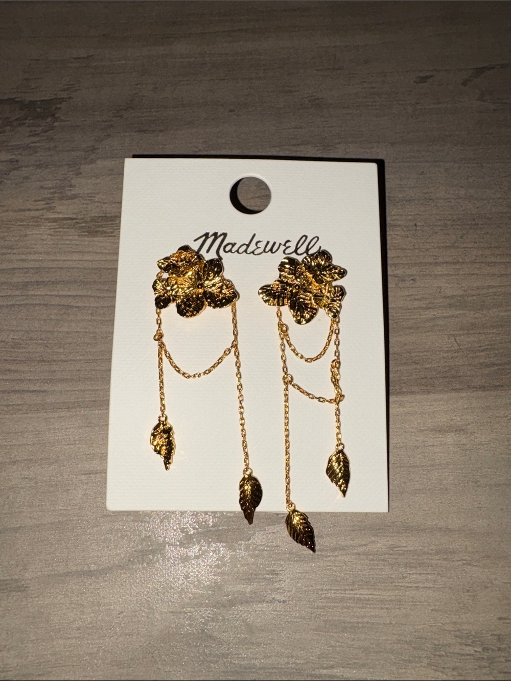 NWT Madewell Gold Flower Drop Earrings with Leaf Chain Accents